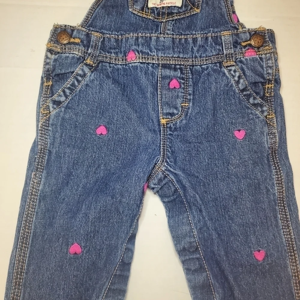 OshKosh B'Gosh Denim Overalls Embroidered Hearts Blue Pink Size 6 M
